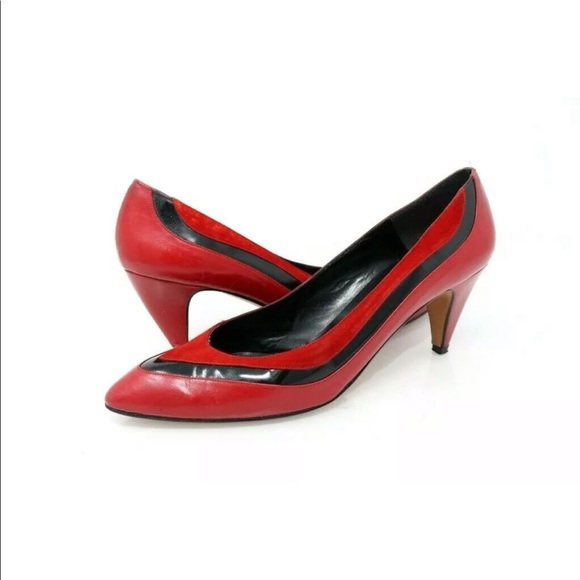 Vintage Palizzio Red Black Leather Pointed Toe Low Heel Pump - Slip On - Size 9N - Picture 2 of 16